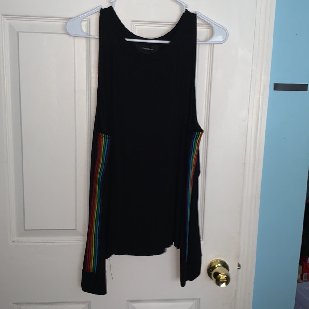 Open Shoulder Black Top & Rainbow striped sleeves
